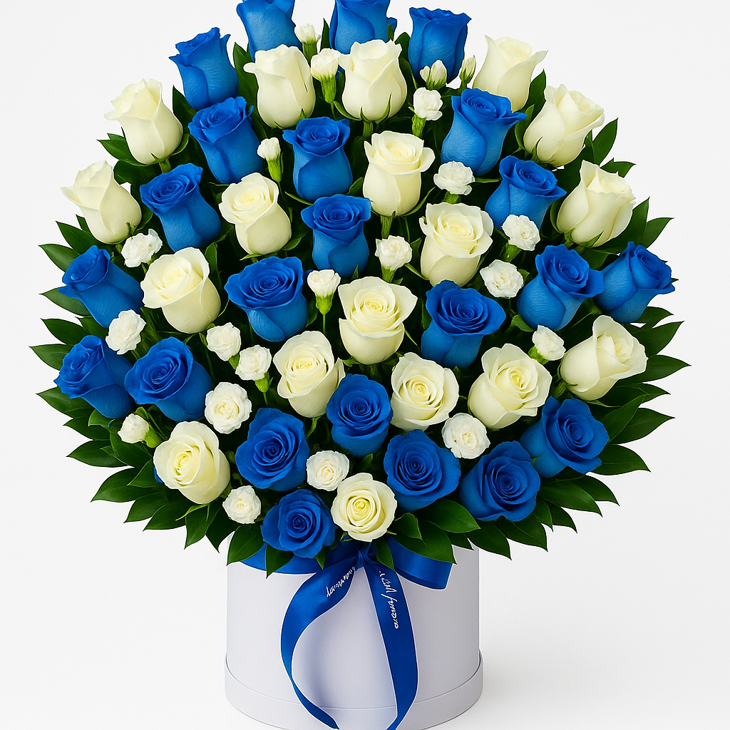 Arreglo Elegante de Rosas Azules y Blancas