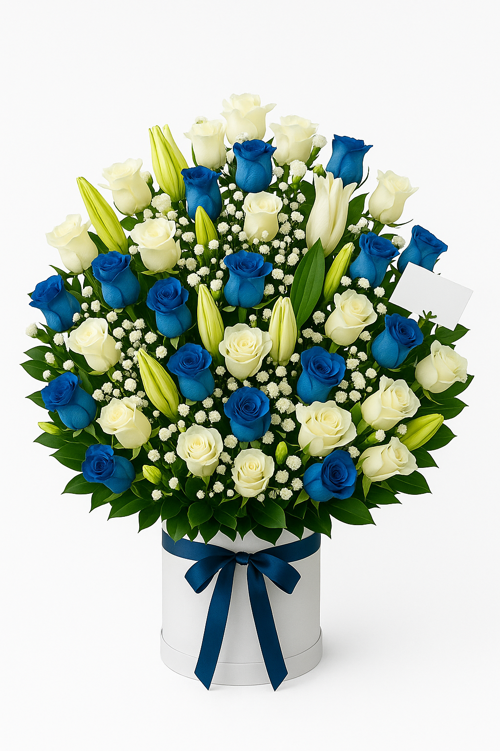 Ramo Elegante Azul y Blanco en Sombrerera