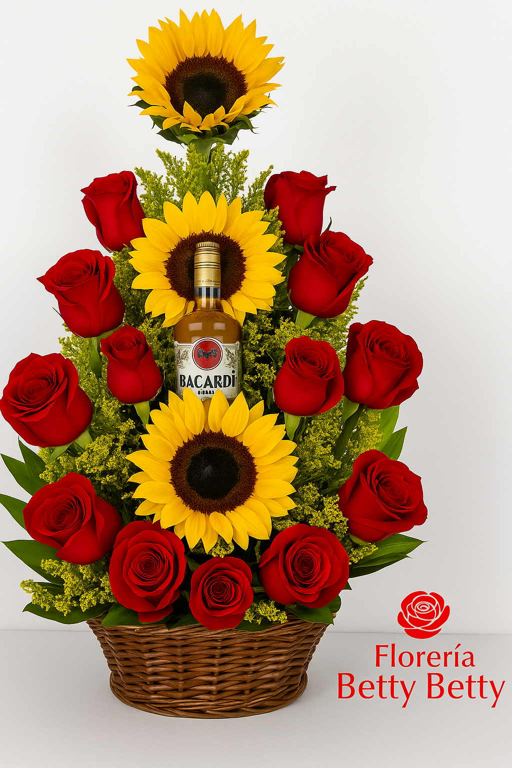 Arreglo Floral con Girasoles, Rosas y Bacardí